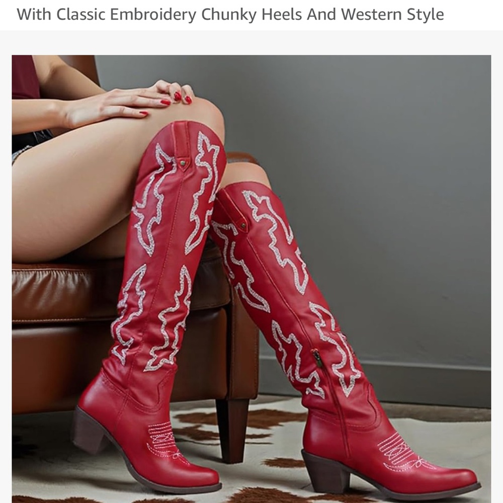 Red Embroidered Western Knee-High Heeled Boots